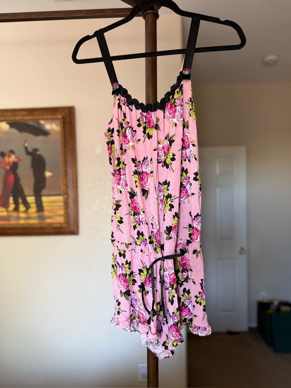 Betsey Johnson Pink Floral Romper with Black Trim